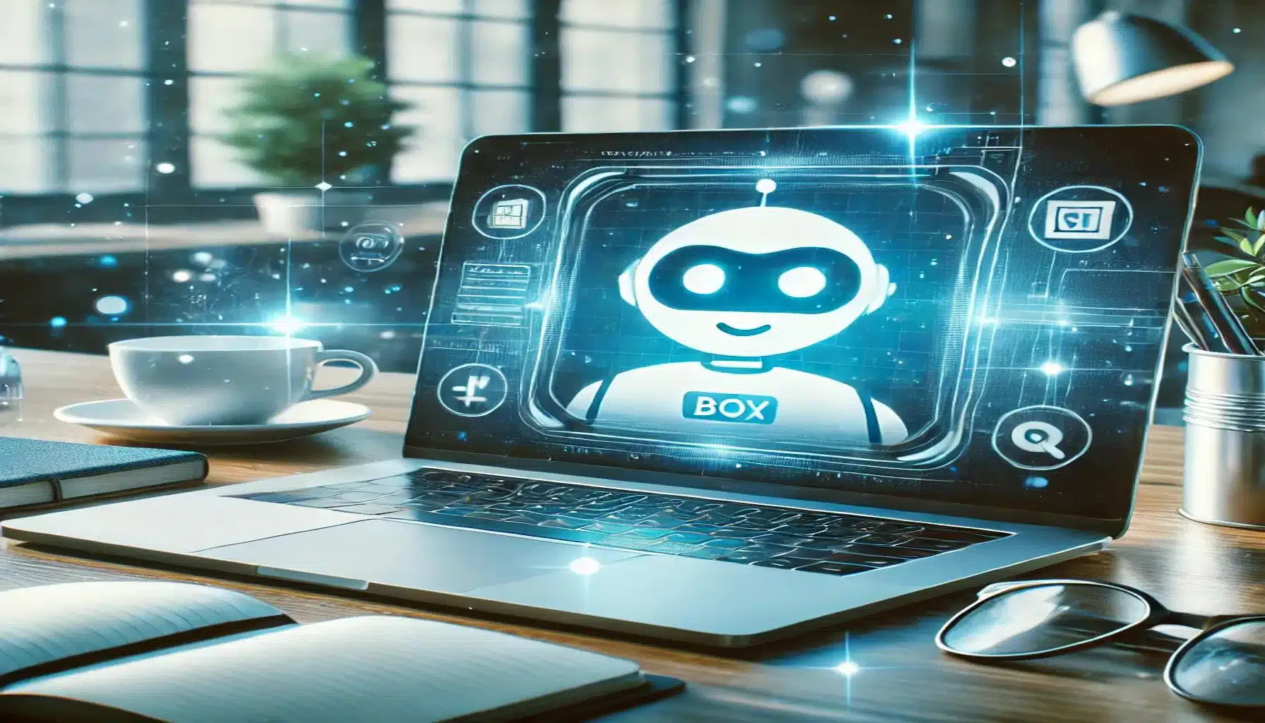 Illustration eines modernen Büroarbeitsplatzes mit einem Laptop, der die Benutzeroberfläche eines Chatbots anzeigt. Das Design ist minimalistisch und futuristisch, in Blau- und Weißtönen gehalten, mit einem freundlichen Chatbot-Icon auf dem Bildschirm.