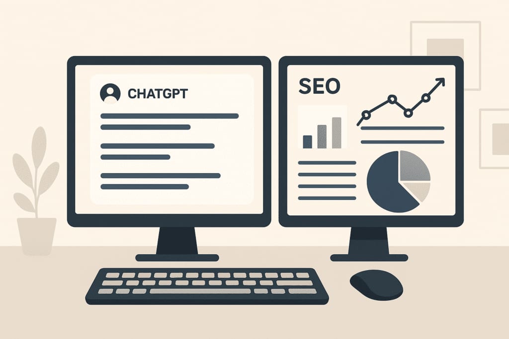 Bildschirm mit ChatGPT-Oberfläche und SEO-Analyse-Dashboard nebeneinander auf einem Schreibtisch