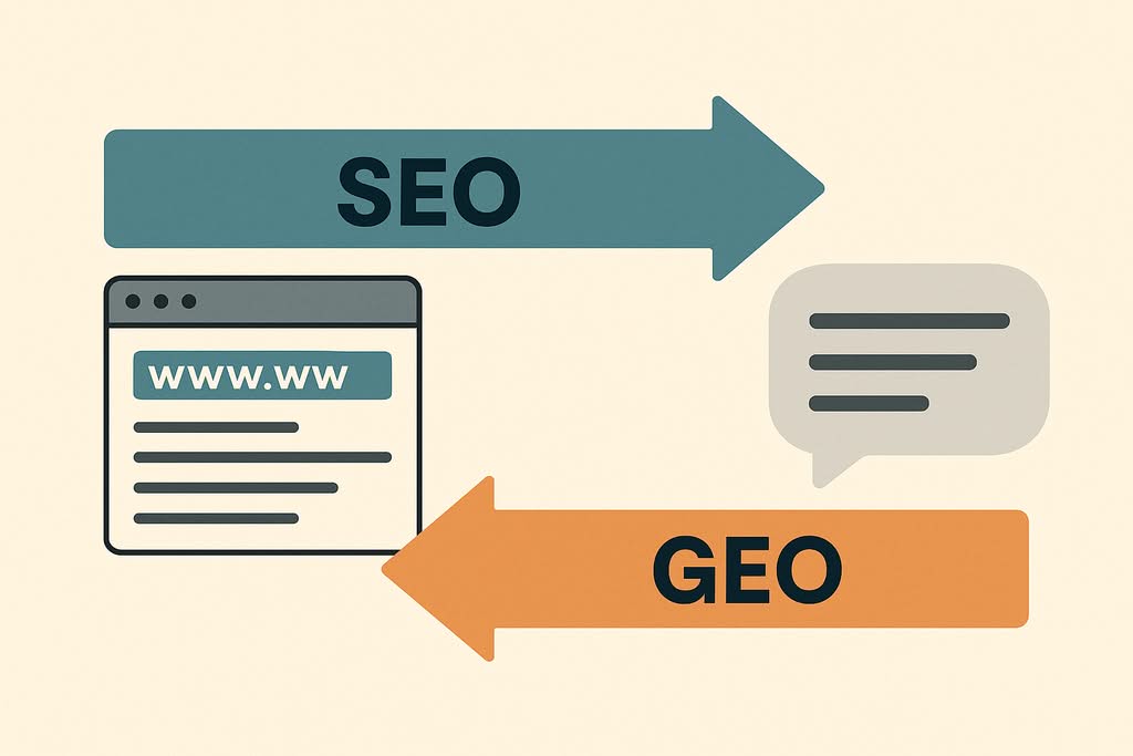 Infografik-Stil: Zwei parallele Pfeile auf einem hellen Hintergrund – einer zeigt auf eine Website-URL-Liste (beschriftet mit "SEO"), der andere zeigt auf eine Sprechblase mit Textantwort (beschriftet mit "GEO"), schlichte Büro-Ästhetik, keine Personen