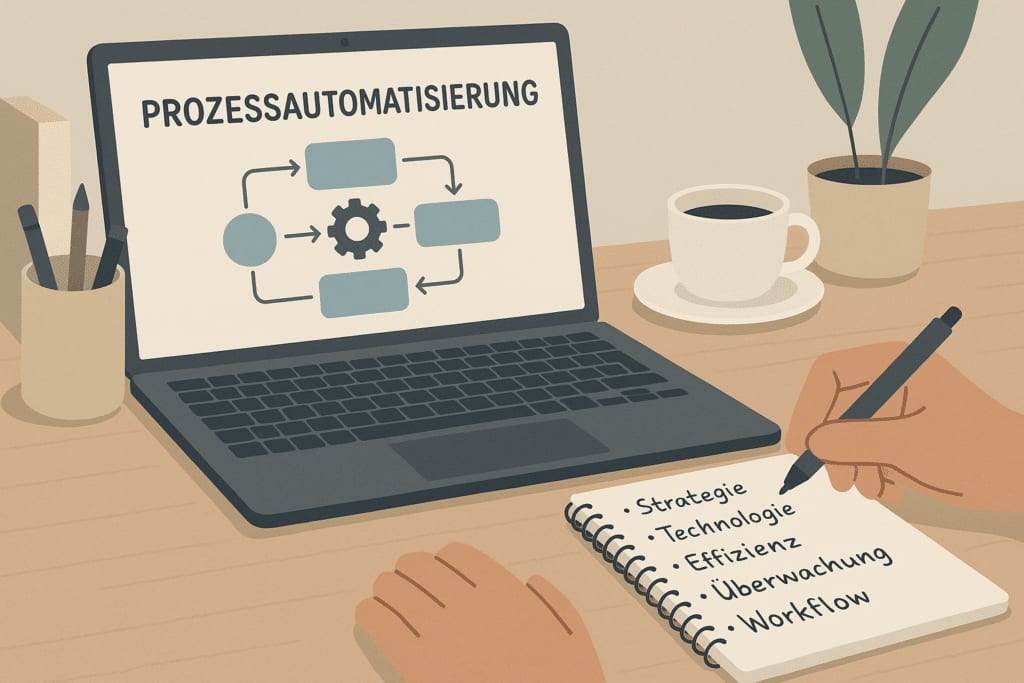 Nahaufnahme eines Schreibtisches mit Laptop, darauf ein Diagramm mit Prozessautomatisierung, daneben Notizblock mit handgeschriebenen Stichwörtern auf Deutsch, ruhige Büroatmosphäre, keine Gesichter sichtbar