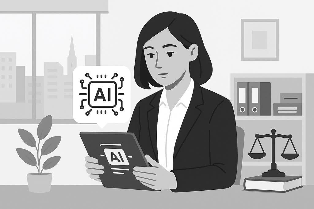 A professional woman in a law or tax office reading from a tablet with AI interface visible on screen, focused expression, Mönchengladbach business environment