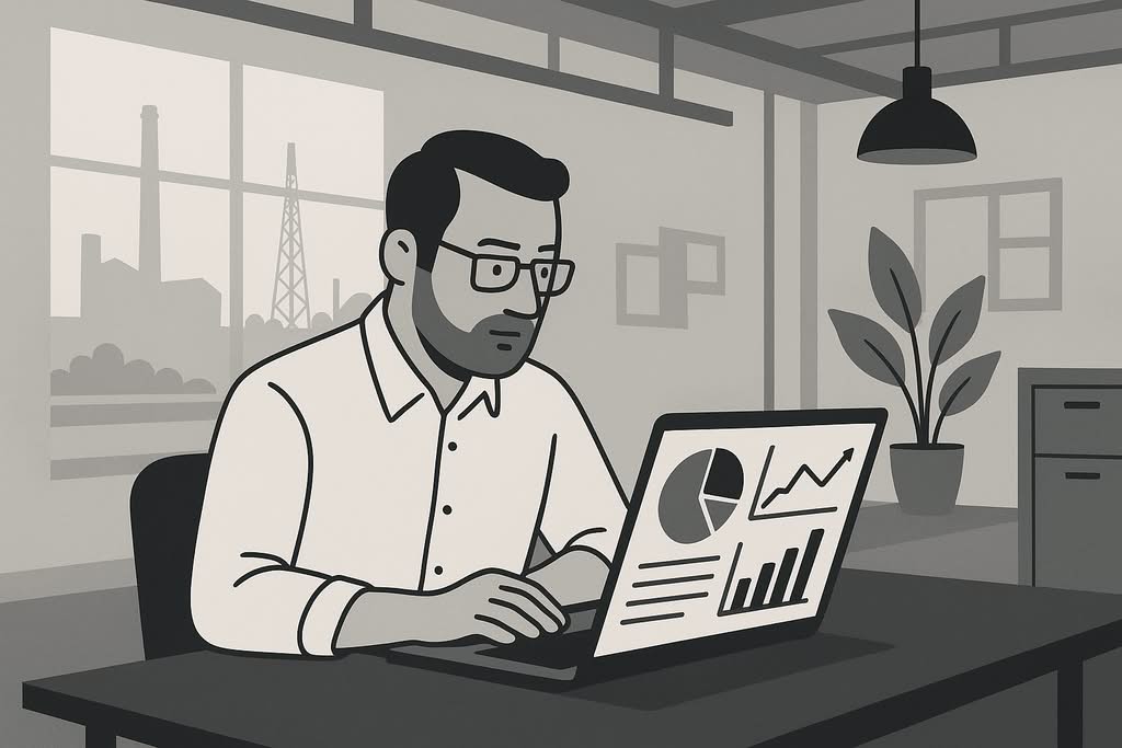 A mid-sized German business owner reviewing analytics dashboards on a laptop, modern office with industrial background, Niederrhein region