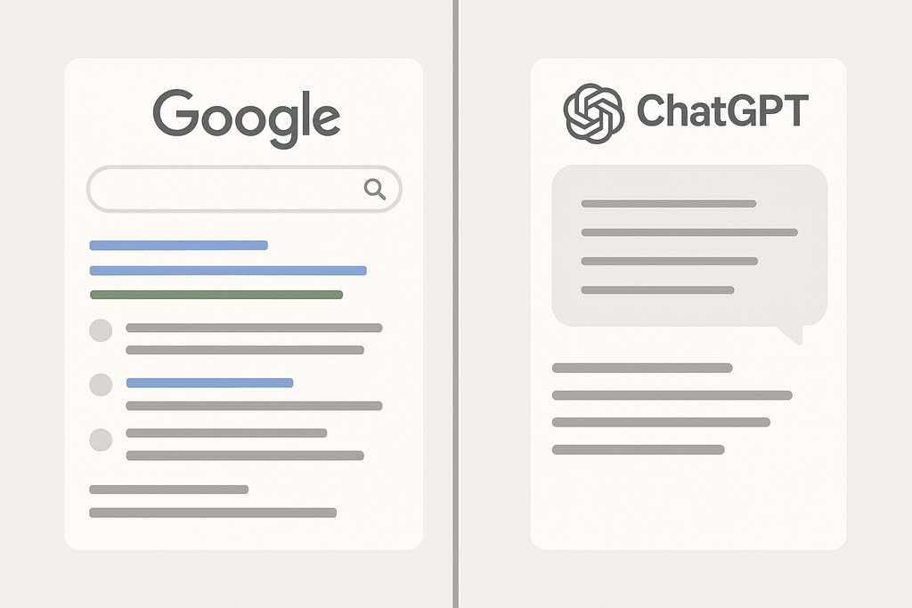 split screen showing a classic Google search results page on the left and a ChatGPT answer panel on the right, clean minimal interface