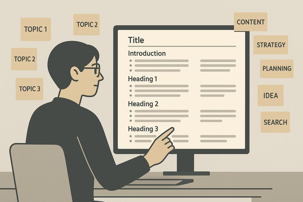 professional content strategist reviewing a structured article outline on a large monitor, surrounded by sticky notes with topic clusters and semantic keywords